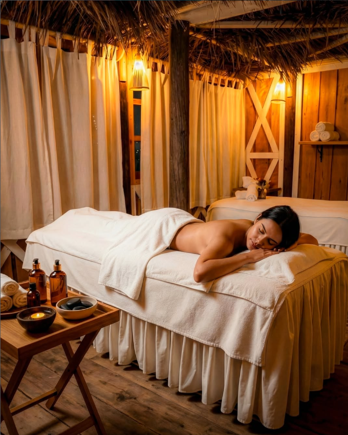 Massage treatment room at Human Spa with a spa bed and rolled towels
